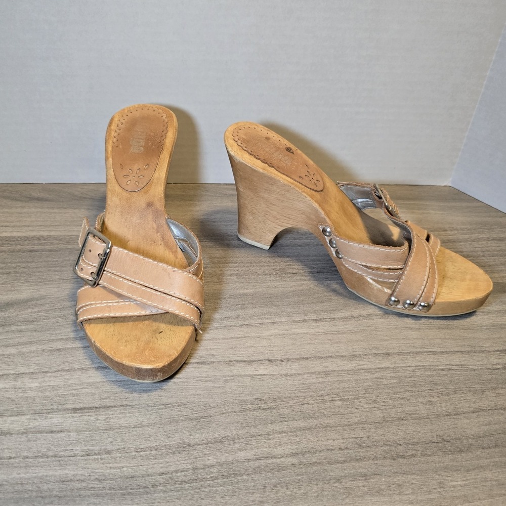 Vintage BONGO Y2K 2000s Wooden Open Toe Buckle Strap Chunky Platform Heels Sz 7